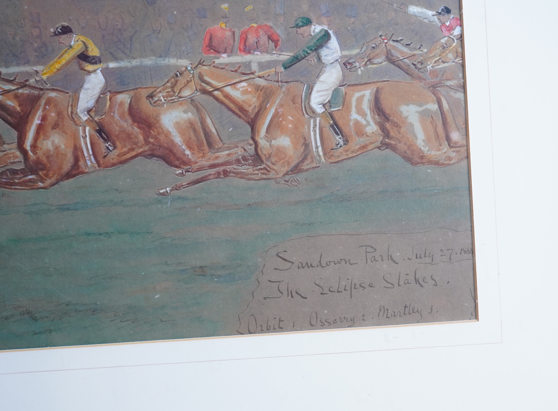 George Finch Mason (1850-1915), ‘Sandown Park, July 27 1888’, ‘The open ditch Grand National Hunt Committee’ and ‘Flowers plucked at Newmarket’, three watercolours, each is signed, largest 30 x 36cm